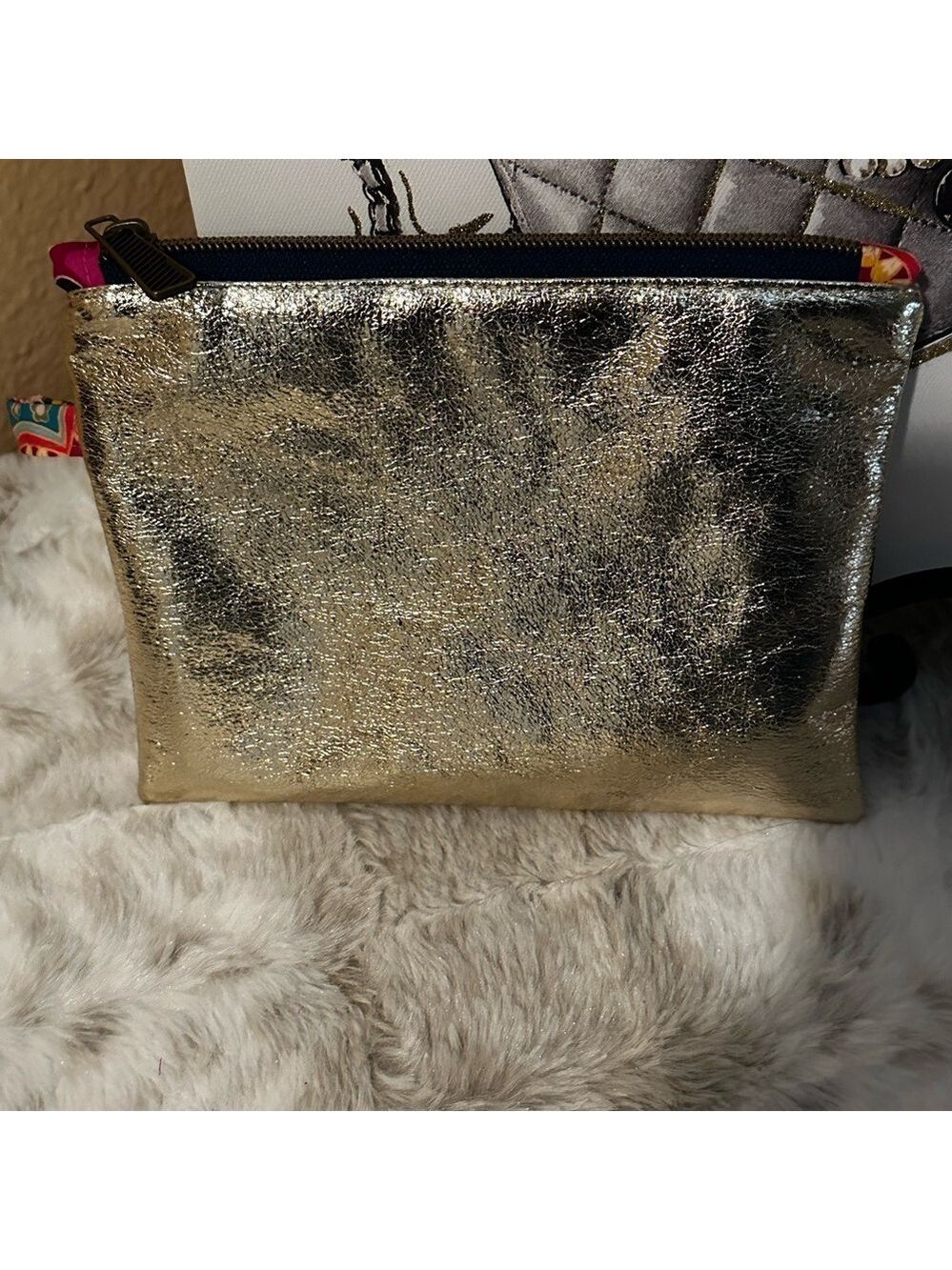 Cosmetic Pouch Made With Gold Vinyl and Cotton Interior Print Hancrafted
